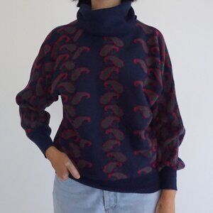 Vintage Sporting Life Navy Paisley Floral Leaf Knit Preppy Grandmacore Sweater M